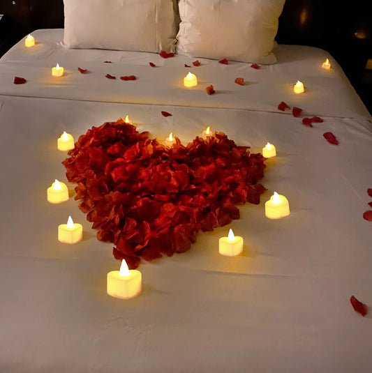 1000 Pieces Artificial Rose Petals with 24Pcs Heart Shaped LED Candles Flameless, Warm White