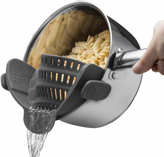 Snap N Strain Pot & Pasta Strainer - Adjustable Silicone Clip On Strainer for Pots, Pans, & Bowls- Kitchen Gadgets, Noodle, Food, Gifts for Women, Gray