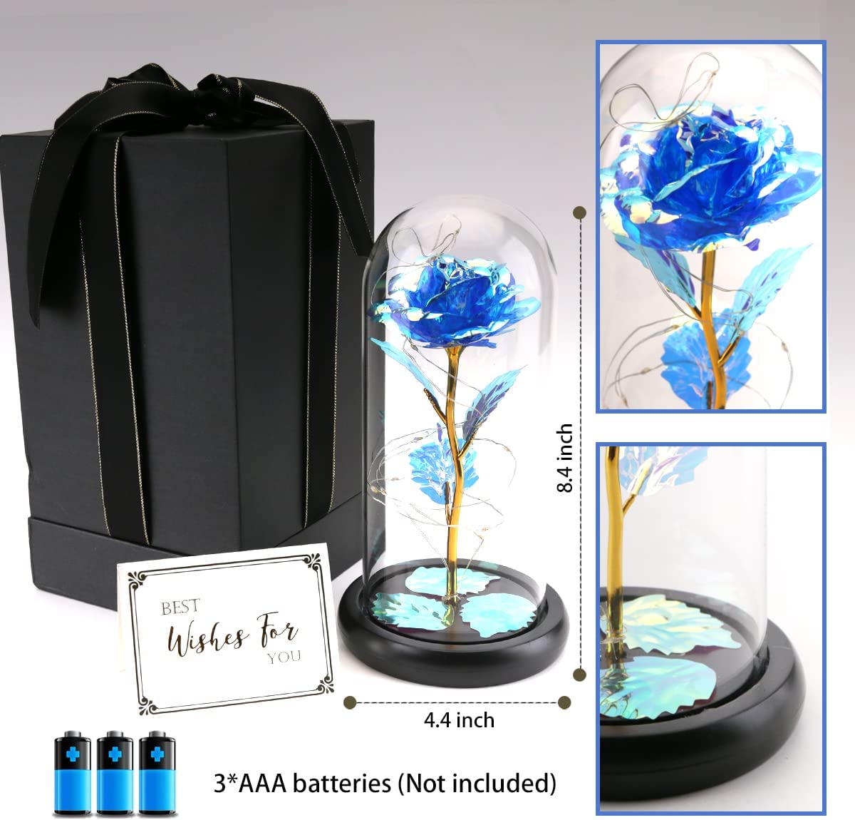 Valentines Rose Flower Gifts, Beauty & The Beast Rose, Galaxy Rose in A Glass Dome w/ LED Light, Blue