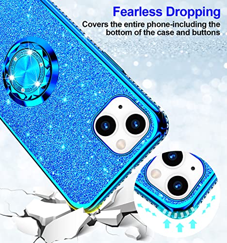 Phone Case for iPhone 13, Glitter Protective Case w/ 360 Degree Ring Stand