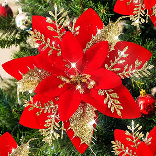 24pcs Poinsettia Artificial Christmas Flowers Decorations w/ Clips & Stem