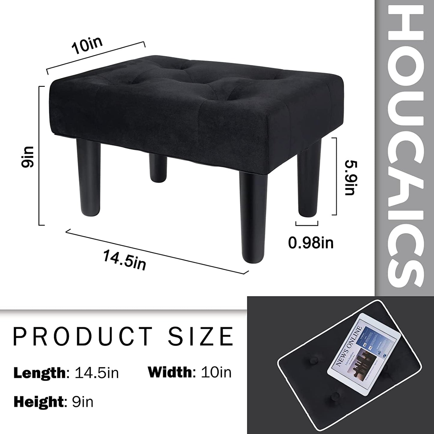 Small Footstool Ottoman,Velvet Soft  w/ Wood Legs,Sofa Footrest Extra Seating for Living Room (Black 1PACK)