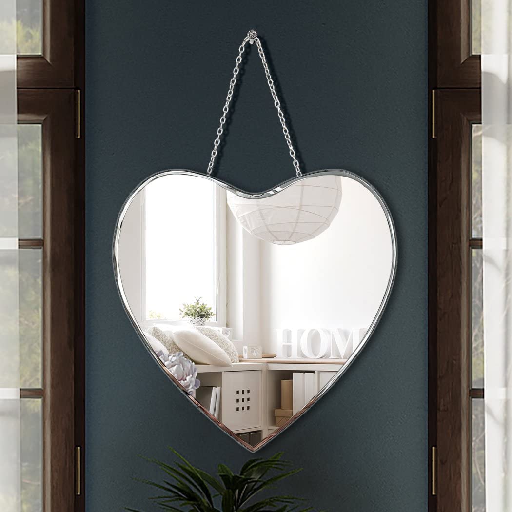 Heart Shaped Mirror with Iron Chain for Wall Decor 12x12 inch Real Glass Frameless