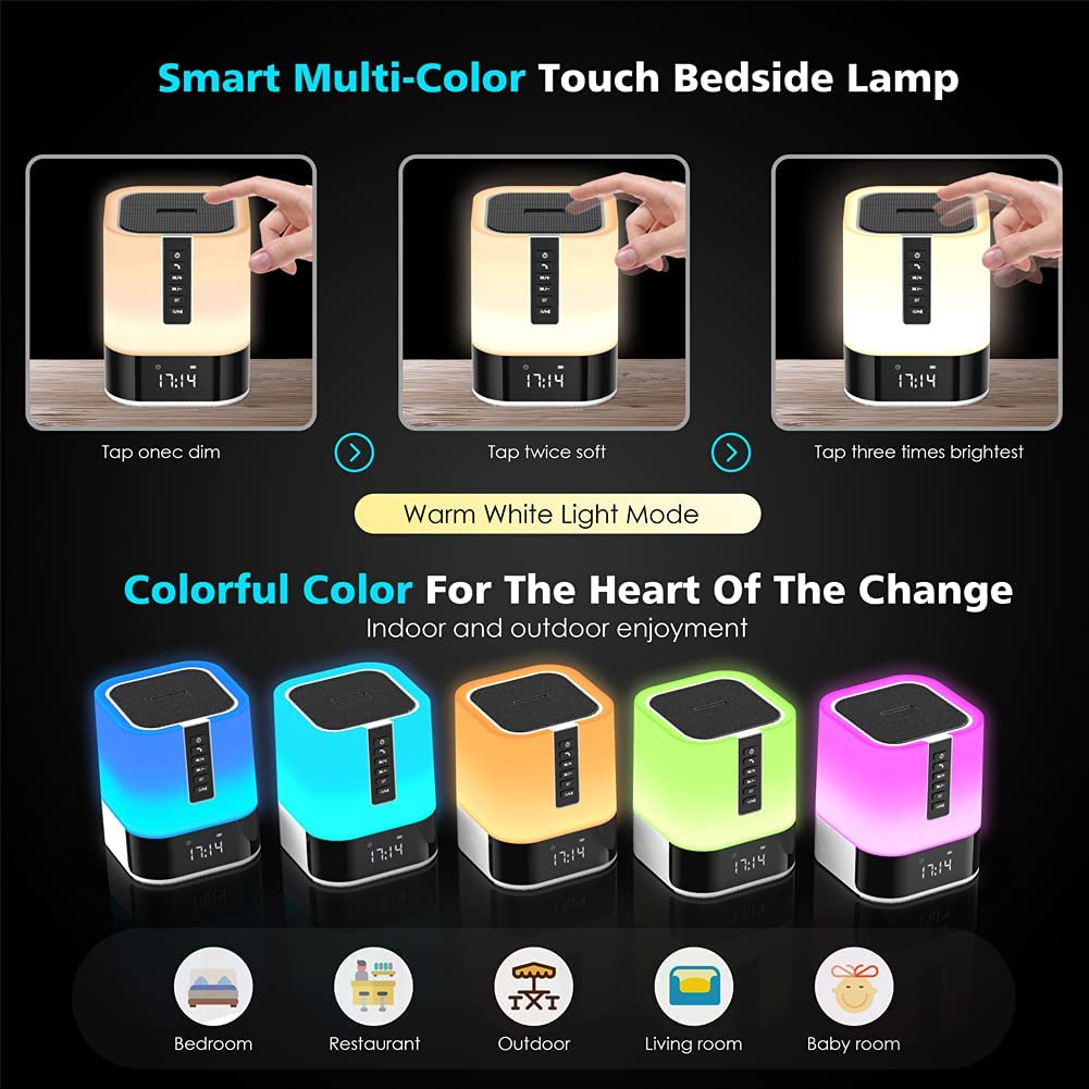 Night Light Bluetooth Speaker, 5 in 1 Touch Control Bedside Lamp Dimmable Multi-Color Changing w/ Alarm Clock