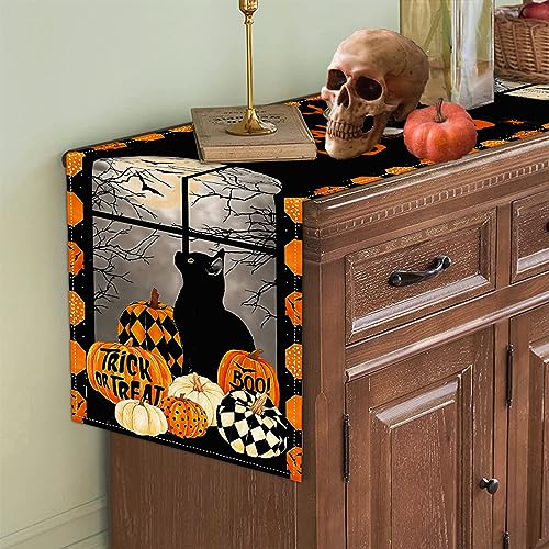 Pumpkins Cat Halloween Table Runner Trick Or Treat Kitchen Dining Table Decoration for Outdoor