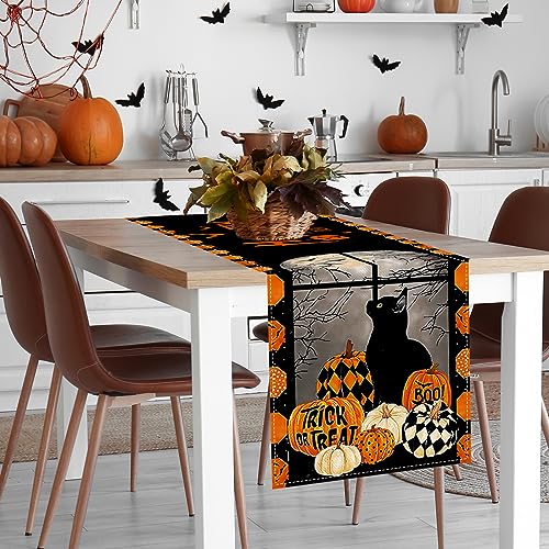 Pumpkins Cat Halloween Table Runner Trick Or Treat Kitchen Dining Table Decoration for Outdoor