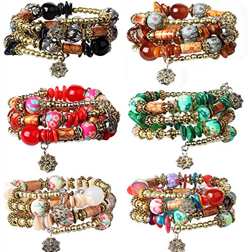 6 Sets Bohemian Stackable Bead Bracelets for Women Stretch Multilayer