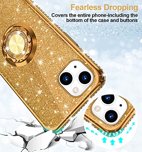 Phone Case for iPhone 13, Glitter Protective Case w/ 360 Degree Ring Stand