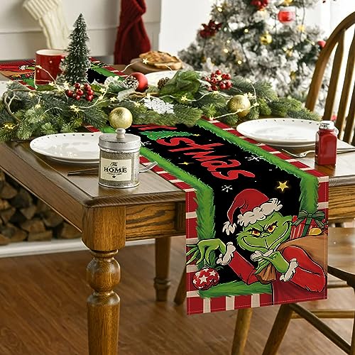 Table Runner, Xmas Tree Gifts Red White Stripes Green Kitchen Dining Table Decor, Funny Holiday