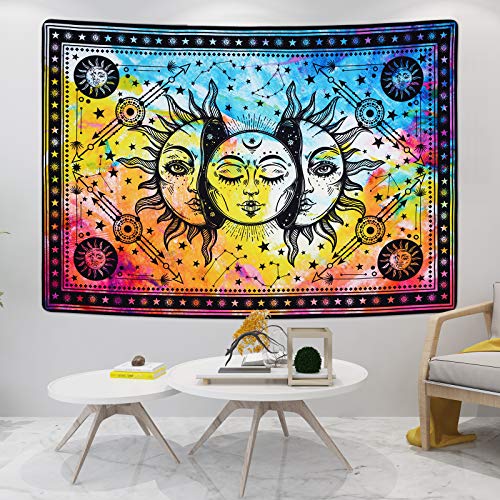 Psychedelic Burning Sun and Moon Colorful Starry Mystic Tapestry