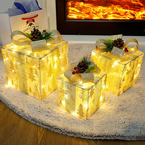 Twinkle Star Set of 3 Christmas Lighted Pop Up Gift Boxes Decorations, Tinsel Present Box, Pre-lit 60 LED Light