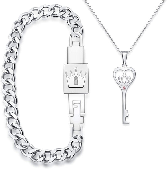 His & Hers Matching Set King Queen Couple Key Lock Bracelet  Pendant Set in a Box, A Pair