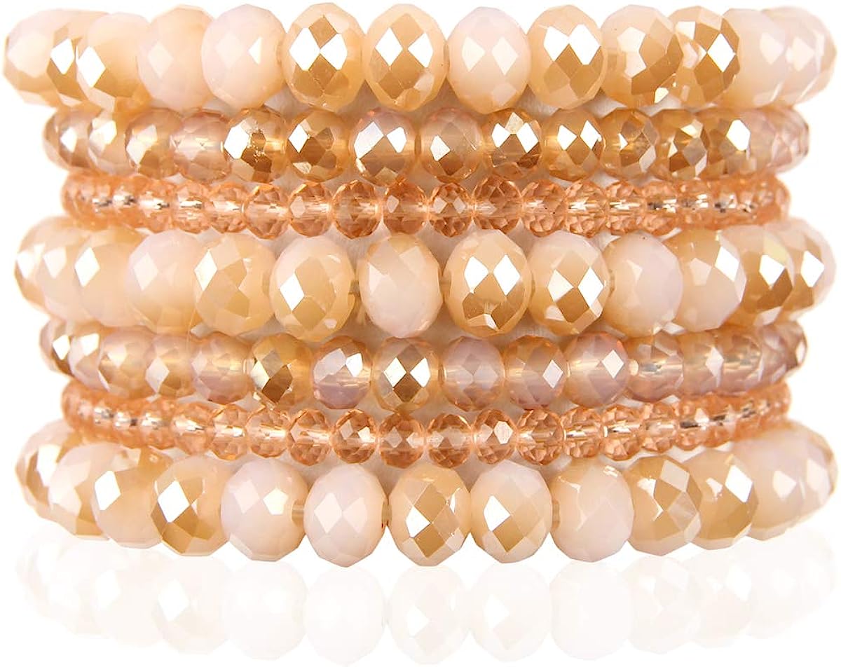 7 Layer Sparkly Beads - Light Pink Bohemian Multi-Layer Beaded Stacking Statement Bracelets - Versatile Stretch Strand