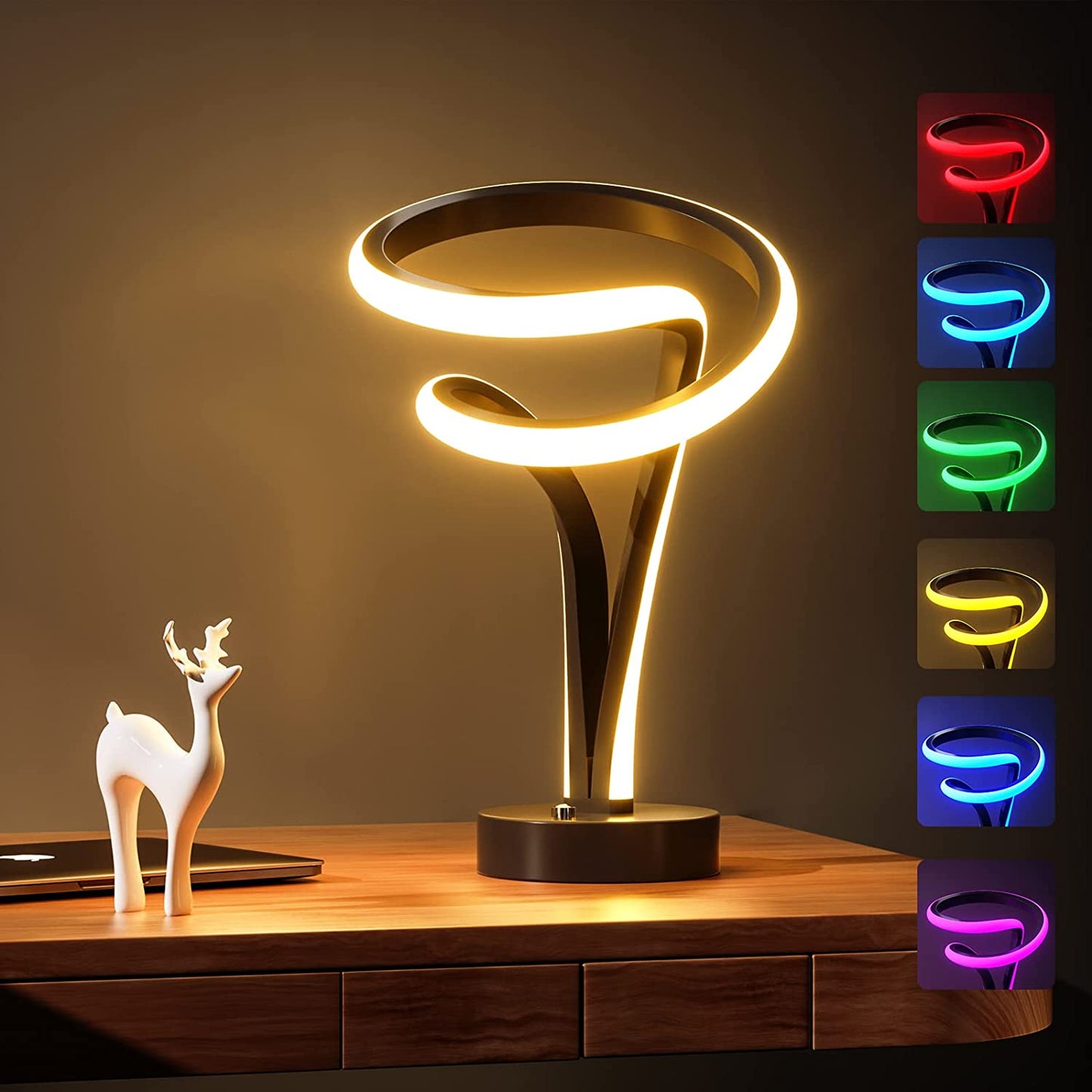 Modern Spiral RGB Table Lamp, 7 Colors 10 Light Modes LED Nightstand Lamp, Touch Dimmable- Black