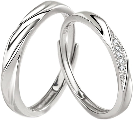 [New] Sterling Silver Couple Rings Set, Adjustable, I Love You Wedding Rings