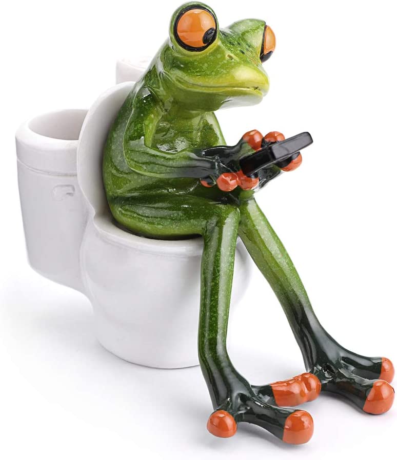 3D Craft Frog Figurine Statue Pencil Holder, Funny Green Frog Texting On Toilet  for Tabletop Decoration