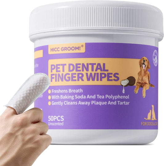 Teeth Cleaning Wipes for Dogs & Cats, Remove Bad Breath by Removing Plaque & Tartar Buildup No-Rinse Dog Finger Toothbrush, 50 Counts