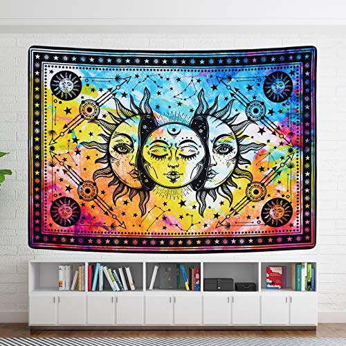 Psychedelic Burning Sun and Moon Colorful Starry Mystic Tapestry