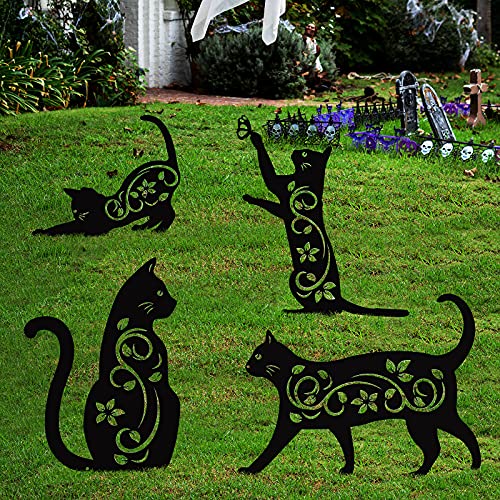 4 Pack Black Cat Silhouette Cute Metal Halloween Stakes