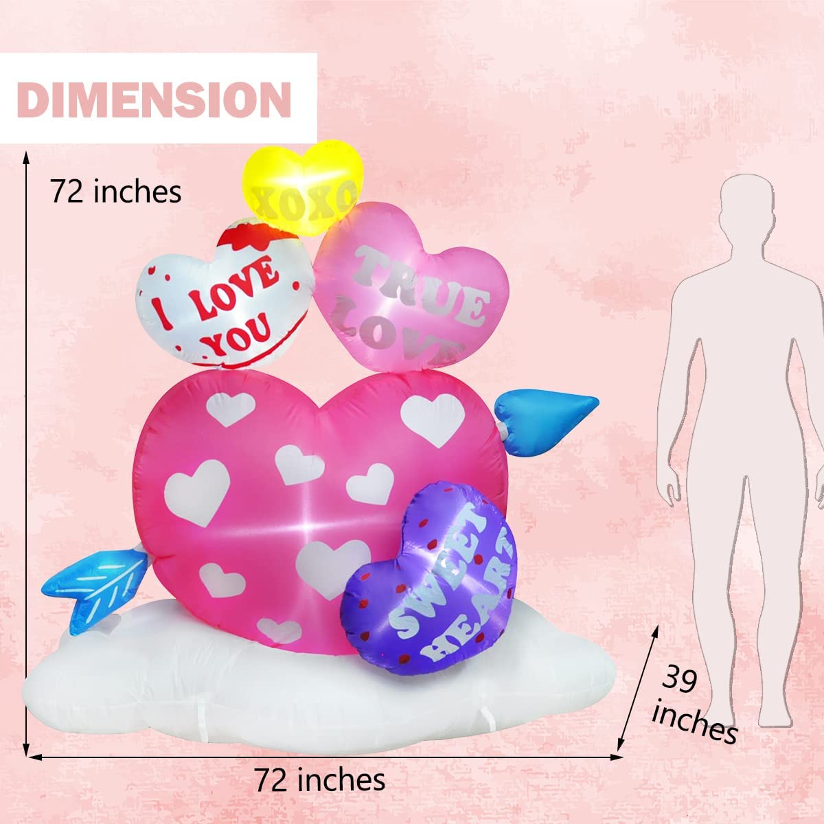 6ft Inflatable Valentine Hearts with Arrow Decoration, LED Blow Up Lighted Decor