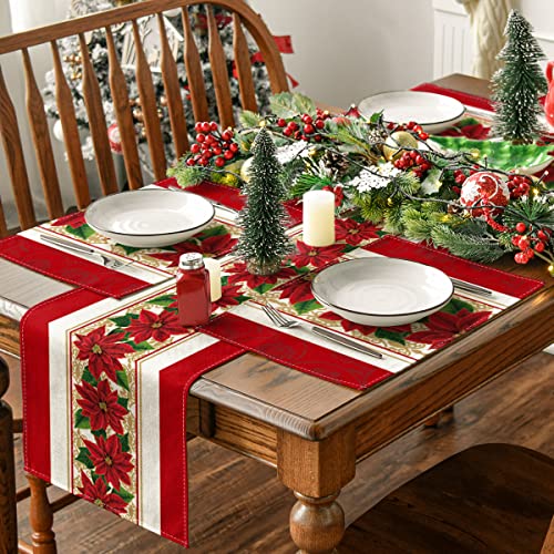 Poinsettia Red Christmas Placemats/ Table Runner