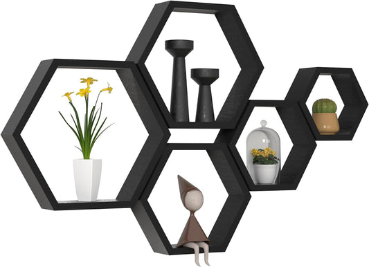 Hexagon Floating Shelves Set of 5, Honeycomb Shelves Wall Mounted Wood Farmhouse Storage Wall Shelf for Bathroom, Kitchen, Bedroom, Living Room,Driftwood Finish Wall Decor, Black