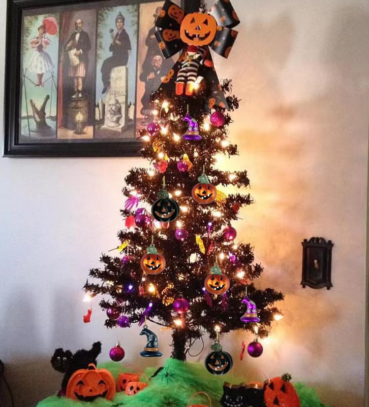 24pcs Halloween Ball Ornaments for Tree, Pumpkin Witch Hat Halloween Tree Hanging Decorations,