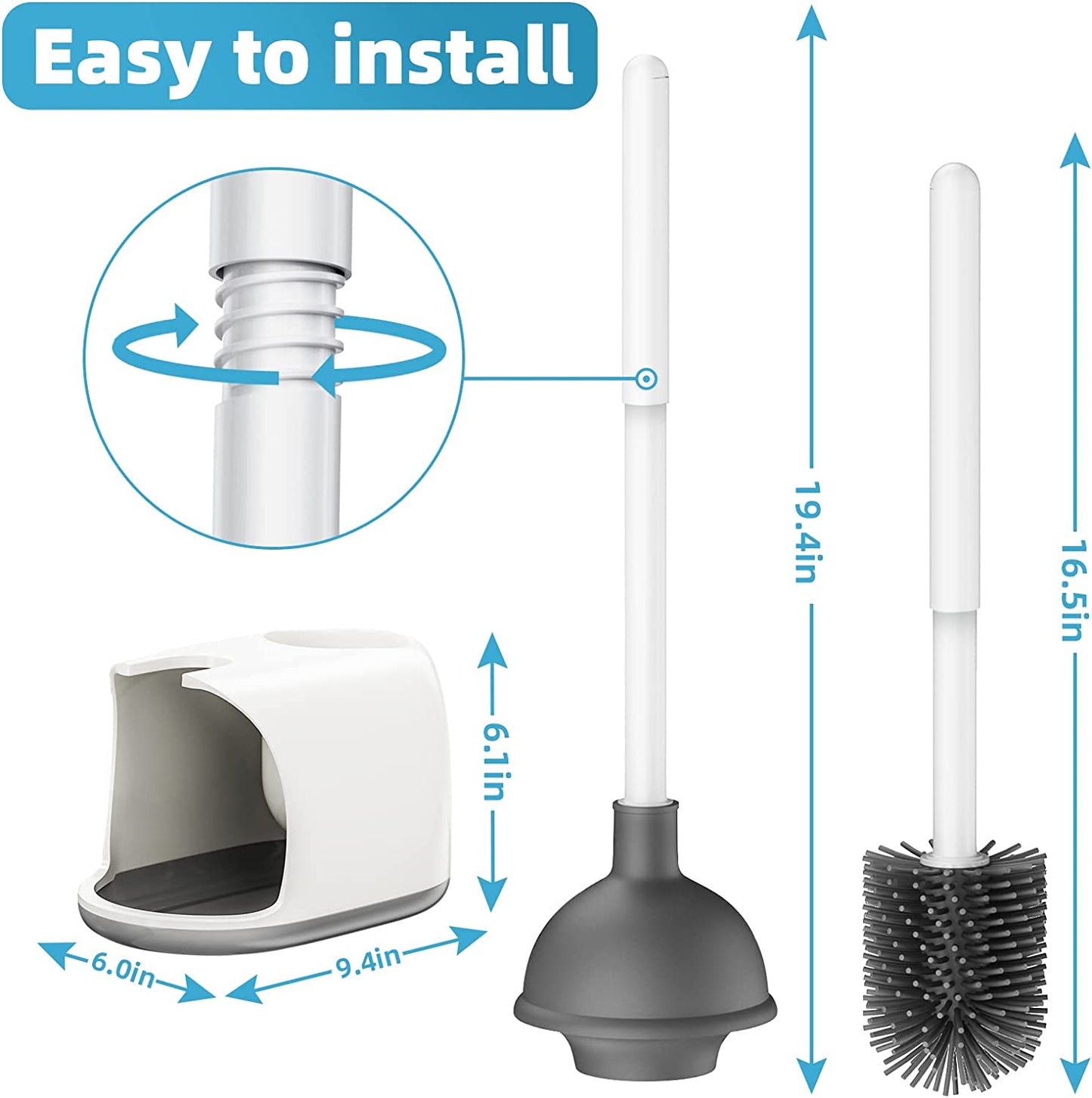 2 in 1 Toilet Bowl Brush Plunger Set with Holder, Bathroom Accessories Combo with Caddy Stand for Deep Cleaning