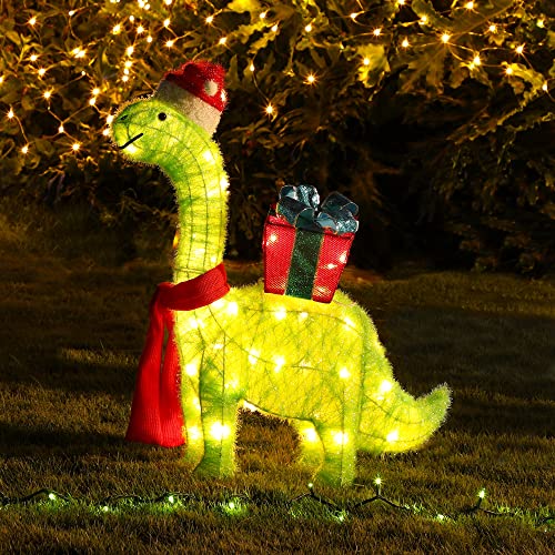 Lighted Christmas Green Dinosaur w/ Gift Box Decoration