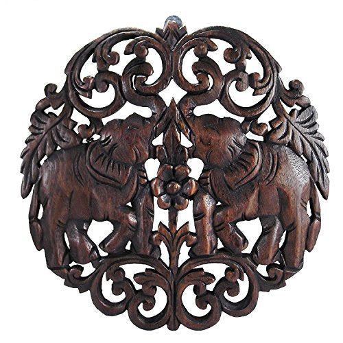 Wood Circular Double Thai Elephant Hand Carved Teak Wall Art