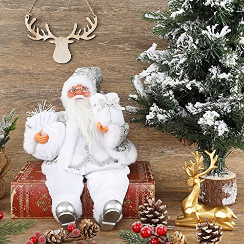 Christmas Sitting Santa Hand Crafted White Silver Coat Santa Claus Figurine