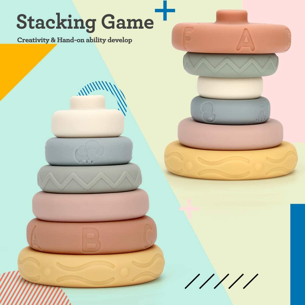 6 PCS Baby Stacking & Nesting Toys, Ring, Baby Sensory Teether Toys w/ Letter, 1-Original