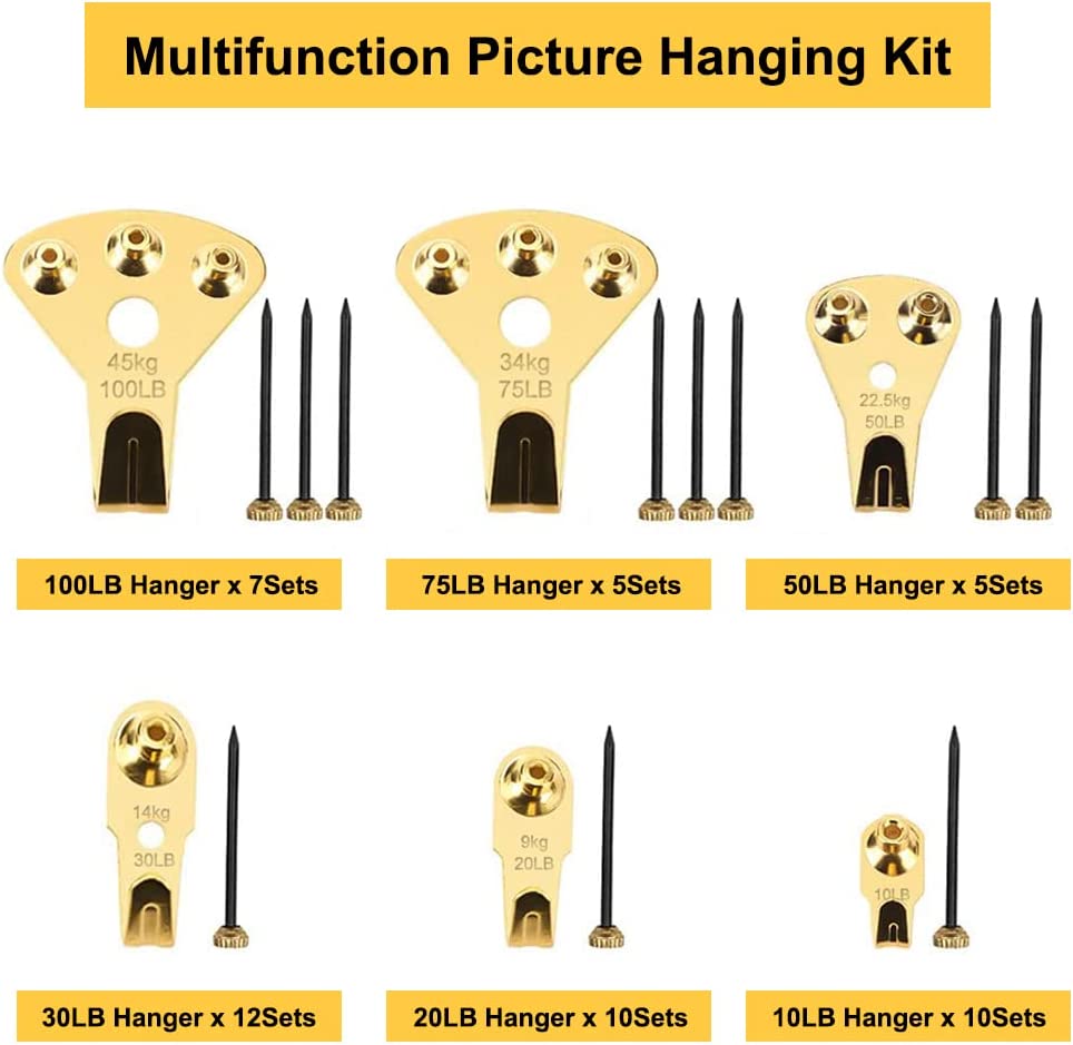 125 pcs Picture Hangers, Heavy Duty Picture Hanging Kit w/ Nails, Holds 10-100 lbs