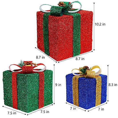 Twinkle Star Set of 3 Christmas Lighted Pop Up Gift Boxes Decorations, Tinsel Present Box, Pre-lit 60 LED Light