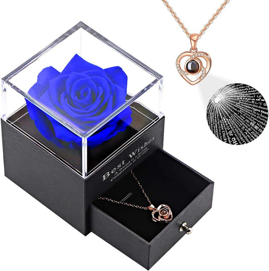 Preserved Flower Rose Gift Pack w/ 100 Languages I Love You Necklace Gift, Blue Rose