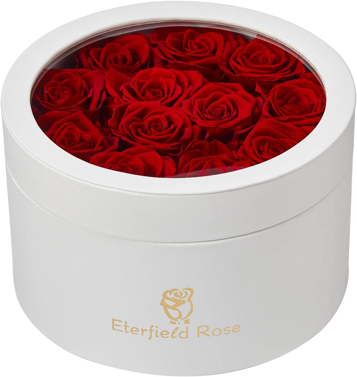 Eternal Rose in a Box Real Rose without Fragrance Gift for Her (12 Red Roses, Round White PU Leather Box)