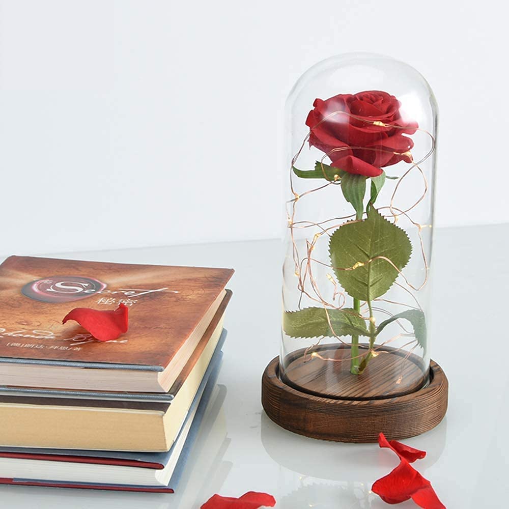 Preserved Rose Enchanted Red Silk Rose in Glass Dome w/ LED Lights Pine Base