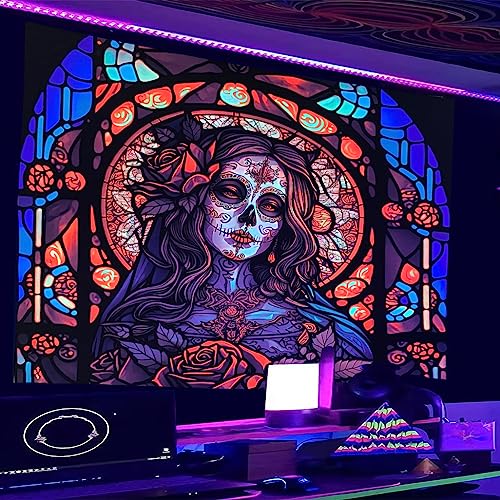 Blacklight Tapestry Sugar Skull  Halloween  UV Reactive Trippy Neon Tapestries Glow in the Dark Party Backdrop,