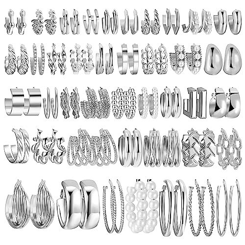 42 Pairs Gold Hoop Earrings Set for Women, Fashion Chunky Pearl Earrings Multipack Twisted Statement Earring