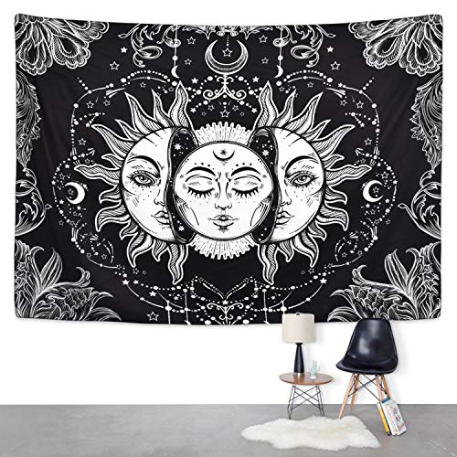 Sun and Moon Burning Sun with Star Psychedelic Black and White Mystic Tapestry