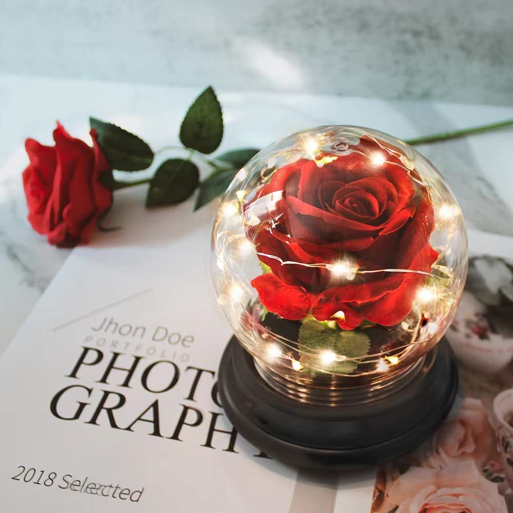 Artificial Flower Rose Light Up in A Glass Dome, Women Gifts for Her, Valentines, Anniversary, Mothers Day