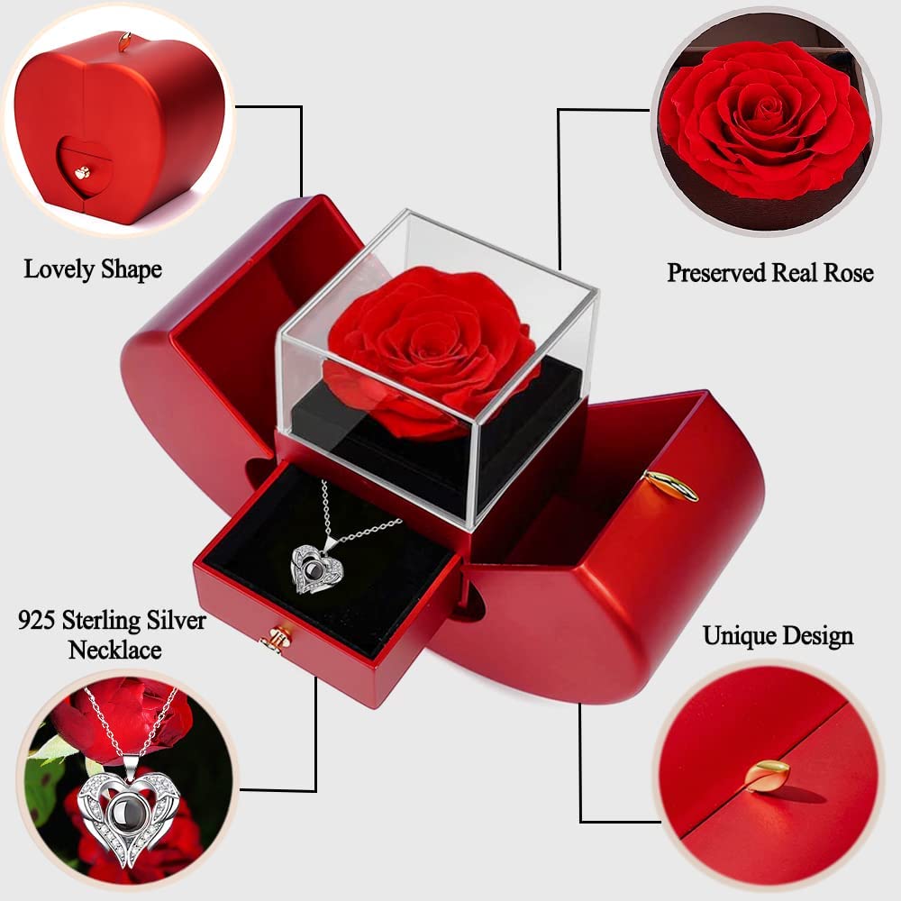 Valentines Day Gifts Preserved Real Rose with 925 Sterling Silver Necklace, Red