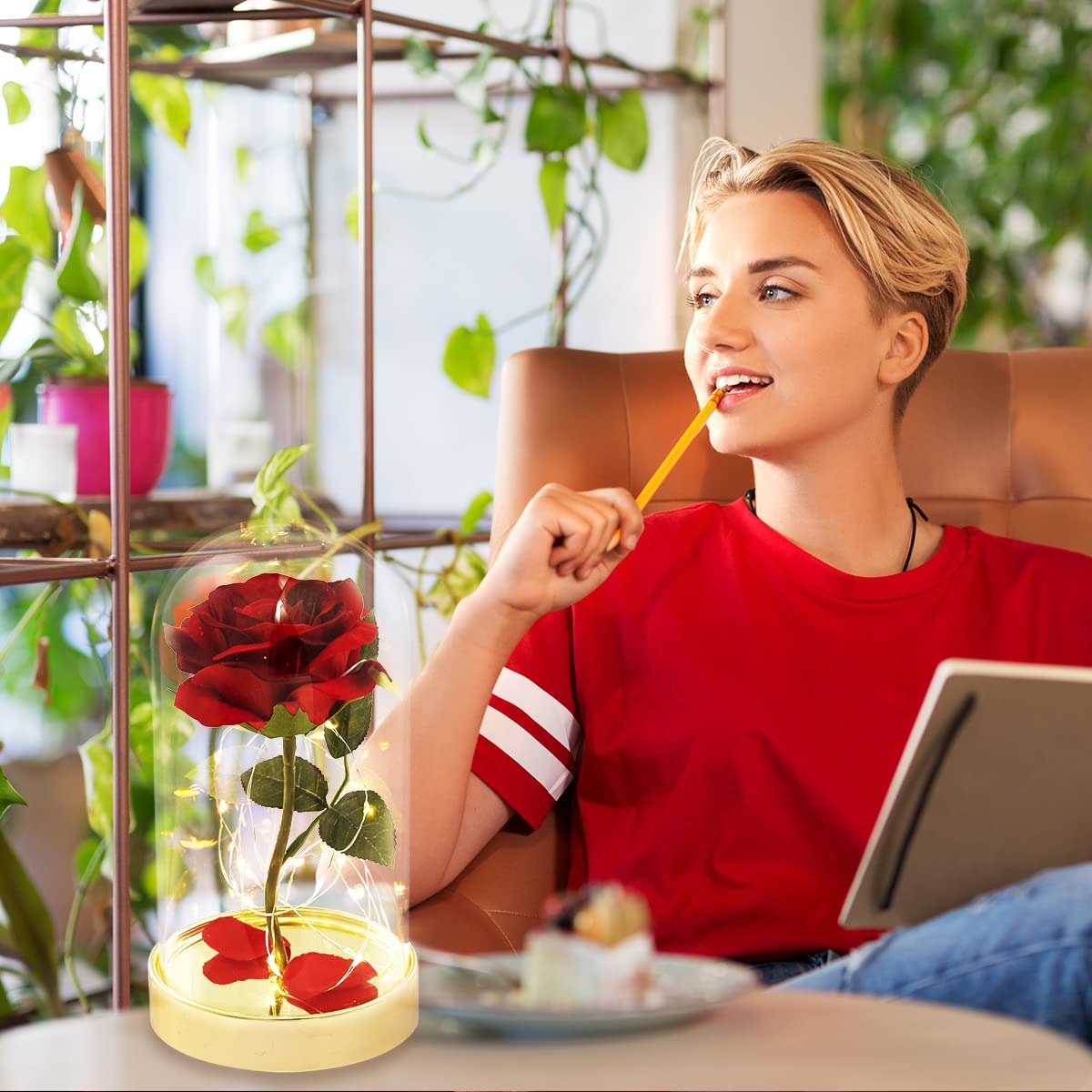 Glass Dome Red Rose Gift for Women - Pre-Lit Red Velvet Rose in Glass Dome