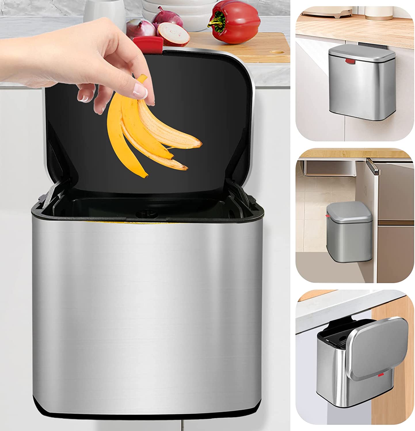 Kitchen Hanging Compost Bin, 4L/1.05Gal Stainless-Steel Small Trash Can with Lid for Counter Top & Under Sink