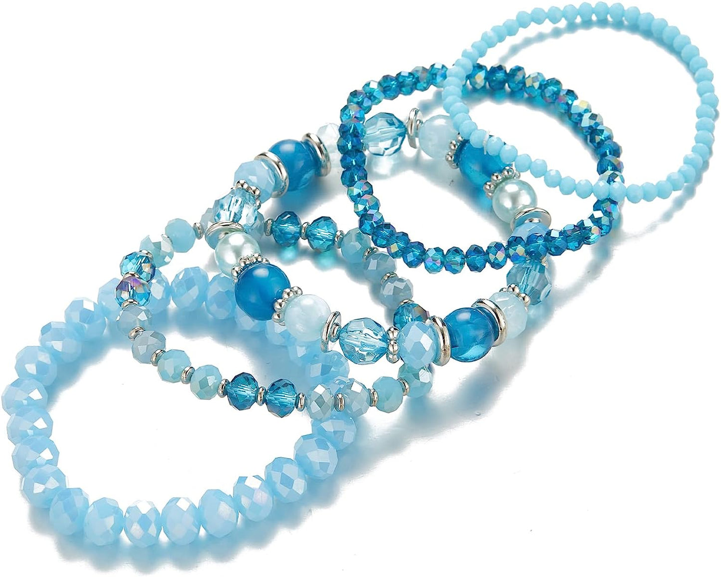 Blue Beaded Boho Stretch Bracelet Colorful Stackable Crystal Beads Bracelets