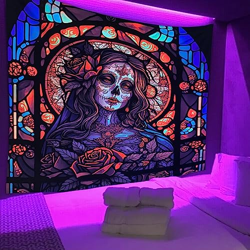 Blacklight Tapestry Sugar Skull  Halloween  UV Reactive Trippy Neon Tapestries Glow in the Dark Party Backdrop,