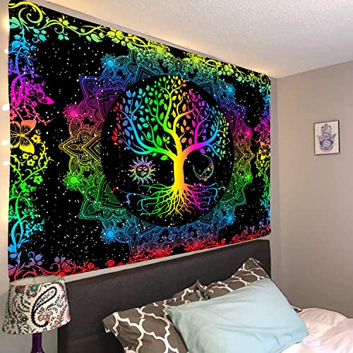 Psychedelic Tree of Life Mysterious Sun and Moon Mandala Colorful Hippie Boho Tapestry