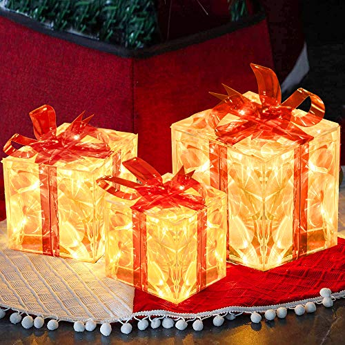 Set of 3 Christmas 60 LED Lighted Presents Boxs with Red Bows, Transparent Warm White Lighted