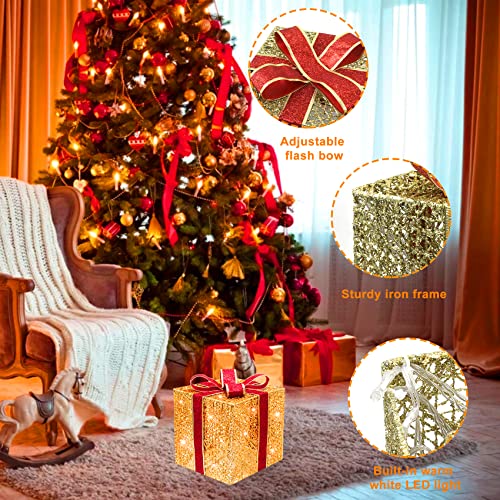 Christmas Lighted Gift Boxes, BOIROS 60 LED Light Up Christmas Packages Set of 3 Metal Present Box Decoration 2