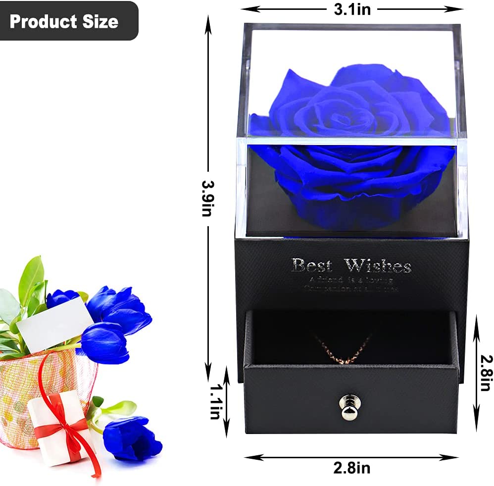 Preserved Flower Rose Gift Pack w/ 100 Languages I Love You Necklace Gift, Blue Rose